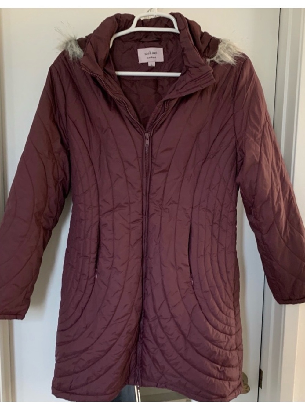 Sashimi Women’s Quilted Purple/Burgundy Hooded Coat with Faux Fur Trim